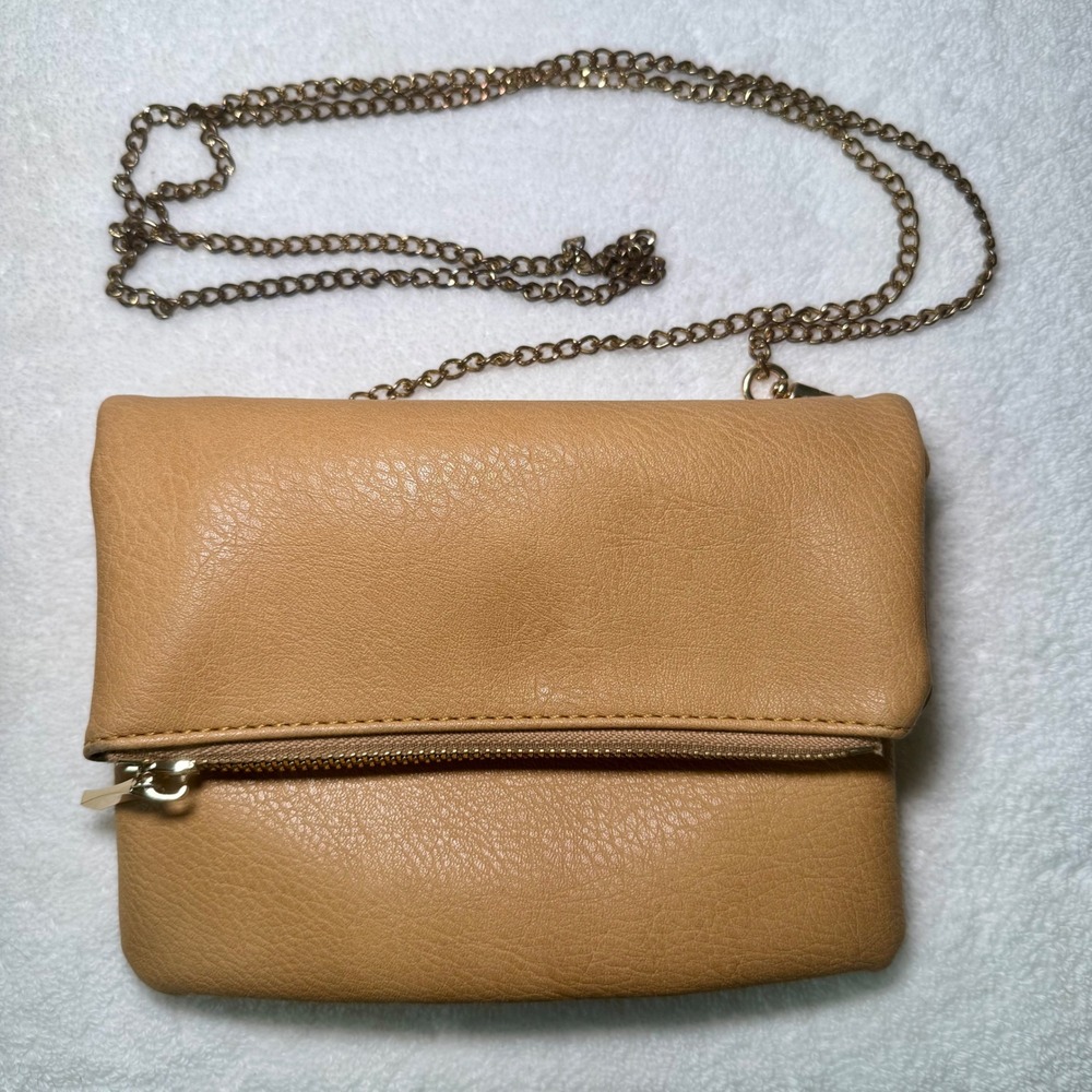Sole Society Tan Vegan Leather Foldover Crossbody Bag Gold Chain Leopard Lining